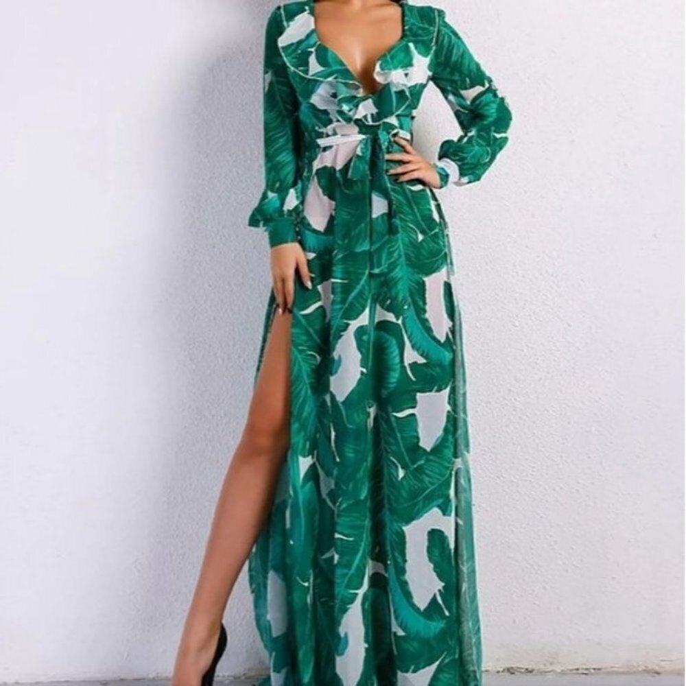 GREEN TROPICAL PRINT SPECIAL EVENT MAXI DRESS